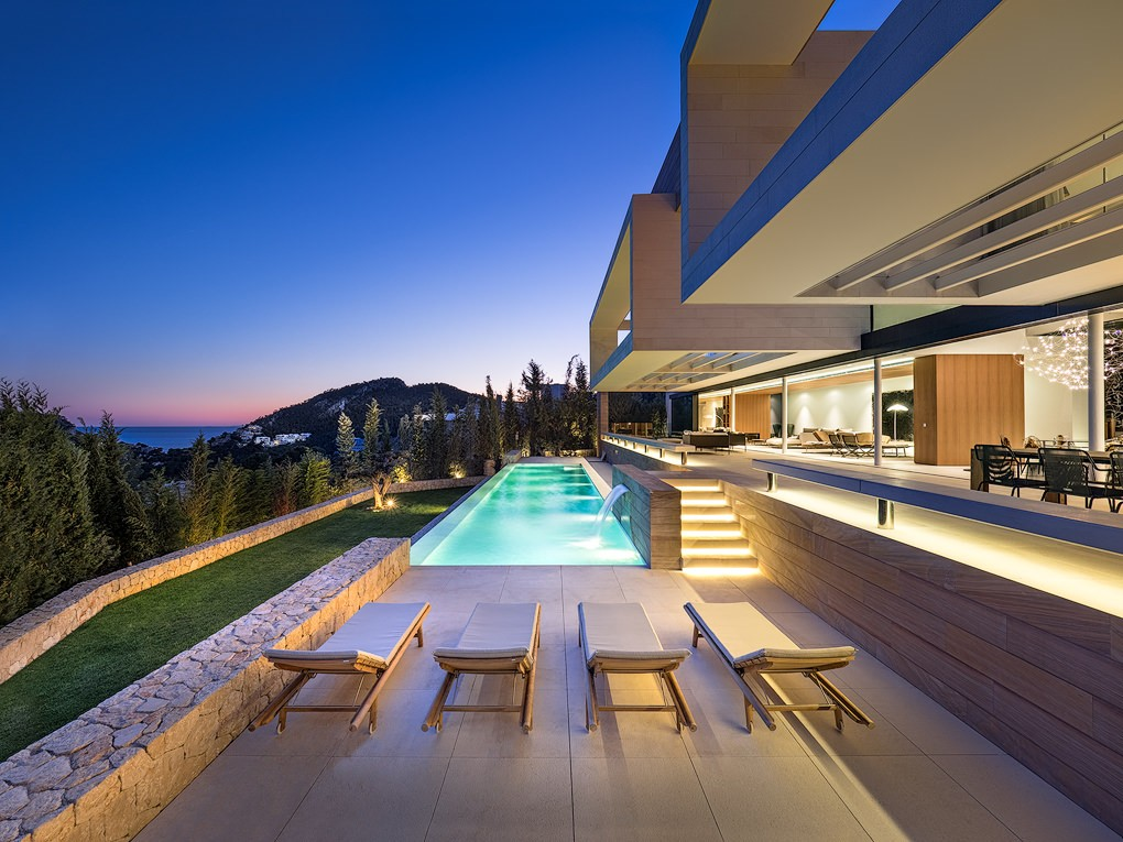 Luxury home pool at night